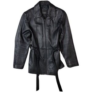 Outbrook Black Mid-Length Attached Belt Long-Sleeve Leather Jacket Women's Small